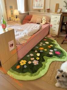 Faux Wool Moss Green Floral Carpet, Soft Plush Area Rug For Girl's Bedroom, Nordic Style Living Room Carpet, Asymmetrical Shaped Anti-Slip Floor Mat - 彩色 - 查看 15
