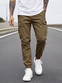 Men's Retro Solid Color Casual Pants, Slim Fit Ankle-Tied Casual Cargo Pants, Outdoor Hiking Street Slim Fit Pants, Suitable As Gift For Husband/Boyfriend, Fall - Coffee Brown - View 1