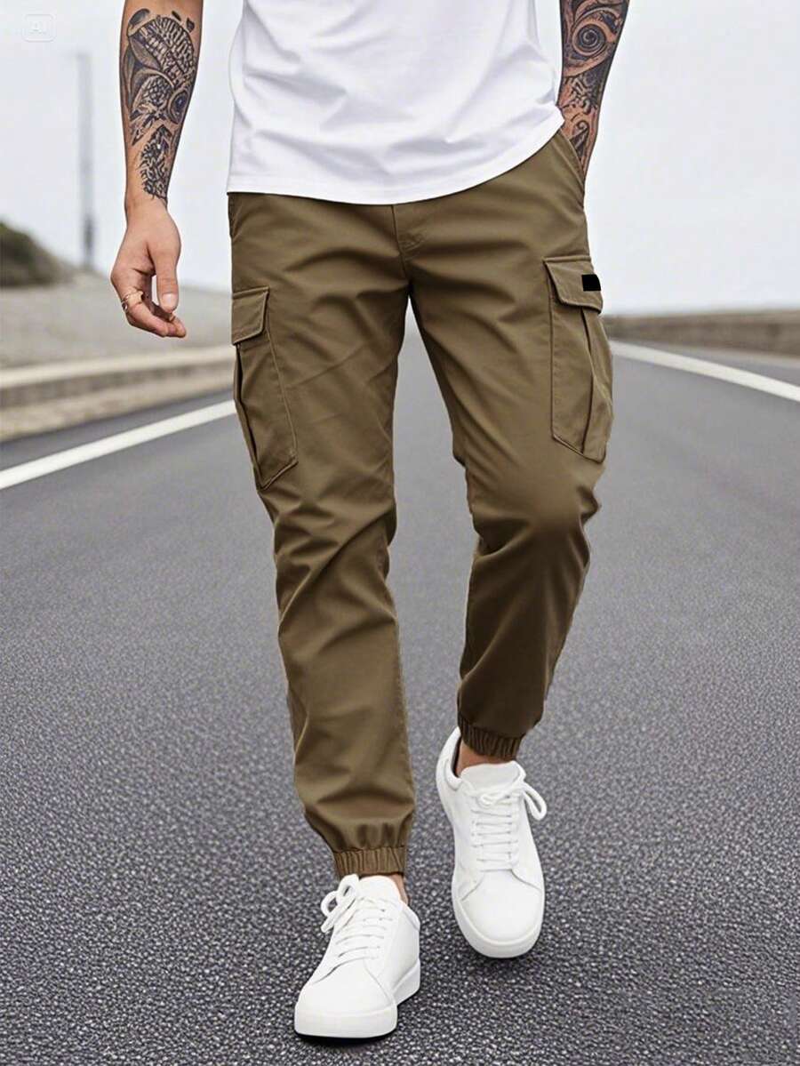 Men's Retro Solid Color Casual Pants, Slim Fit Ankle-Tied Casual Cargo Pants, Outdoor Hiking Street Slim Fit Pants, Suitable As Gift For Husband/Boyfriend, Fall - Coffee Brown - View 1
