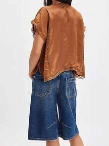 Women Summer Boho Tie Front Tank Top Lace Beach Vacation Y2k Coquette Button Down Short Sleeve Blouse Low Cut V-Neck Flowy Peplum Shirt Crop Tops Going Out Tops - 棕色 - 查看 3