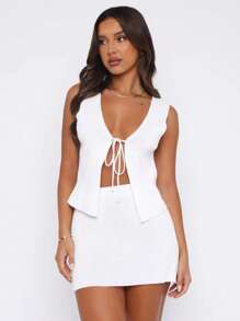 2pcs Solid Color Sexy Sleeveless Tank Top And Mini Skirt Set, Summer