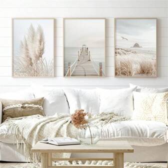 1 Stück/3 Stücke beige Pampasgras Küsten Foto Wandkunst Dekor Poster, moderne minimalistische Leinwanddrucke und Gemälde für Wohnzimmer, Schlafzimmer, Zuhause, Büro, Studentenwohnheim Wanddekoration, Rahmen/Ungerahmt