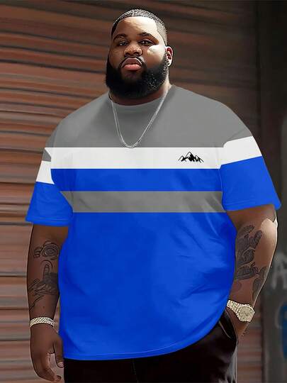 Plus Size Men Striped Pattern T-Shirt - Short Sleeve, Round Neck, Soft Polyester, Breathable And Moisture-Wicking, Suitable For Casual Or Sports Wear Summer