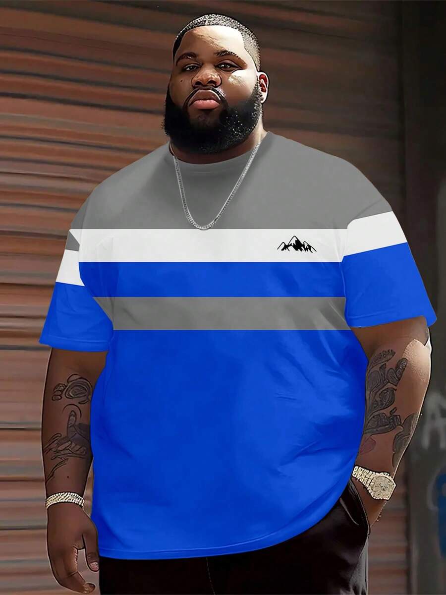 加大码男士条纹T恤 - 短袖，圆领，柔软涤纶面料，透气吸湿，适合夏季休闲或运动穿着。 - 彩色 - 查看 1