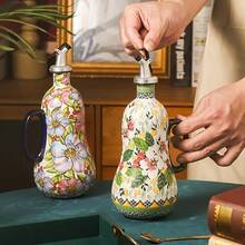 1 pieza Dispensador de aceite de cerámica, bomba de aceite de oliva de cerámica pintada a mano y asa, botella de aceite de cocina, patrón floral elegante, gran capacidad, accesorio de cocina, adecuado para la decoración de la cocina del hogar - Multicolor - Ver 4
