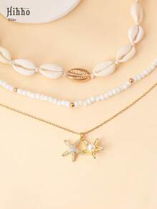 Hihho 3 件时尚简约波西米亚风格手工编织贝壳珠女士颈链套装，适合海滩旅行，饰有闪亮锆石、双层海星吊坠和珍珠装饰 - 金黃色 - 查看 3