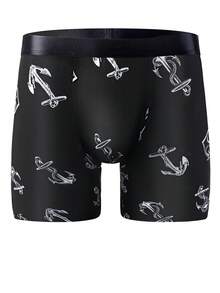 5 Random Sets Of Men's Long Ice Silk Boxer Shorts, Breathable, Comfortable, Elastic, Quick Drying Sports Knit Boxer Shorts, Men's Novel Pattern Underwear - Black - View 6