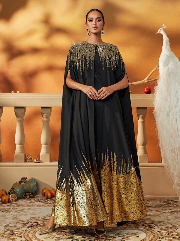 AmazingHoney Elegant Black And Gold Gradient Formal Gown, Handcrafted With Heavy Embellishment, Women's Floor-Length Evening Dress For Prom, Gala, And Weddings,Prom Dresses For Women,Arabian Dresses For Women,Abaya Dress,Kaftan Dress
