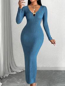 AIJ Amarilo Damen einfaches und sexy tief ausgeschnittenes Kleid mit hochwertiger Metallverzierung und strukturiertem Stoff, geeignet für den einfachen Alltag, Partys, Einkaufen - Babyblau - Übersicht 4
