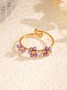 1 pieza de anillo decorativo de acero inoxidable de la serie de flores de colores de moda de verano, con diseños multicolor, blanco, rojo, morado y rosa, de diseño casual, versátil y elegante, apilable, adecuado para el uso diario, vacaciones y viajes de las mujeres, con accesorios enchapados en oro de 18K