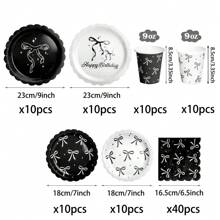 10/20/50/100pcs, Black Bow Plates And Napkins Cups Tableware Sets For Birthday Decorations, Black Birthday Party Supplies Include Straws, Bow Birthday Decorations
