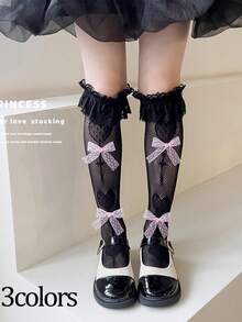 Girls Thin Lace Trim Socks, Solid Color Bowknot Lolita Style Hollow Out Long Socks No Show Ankle Socks, Summer - Multicolor - View 1