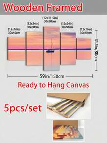 5pcs/Set Travel Posters,Wall Art With Frame,Ready To Hang,Colorful Coastal Pier Sunset Canvas Wall Art,The Bridge Into The Sea,Sailboat Sunset Reflection Boat Multipanel Travel Wall Decoration,For Bedroom Living Room Corridor, Home Decoration Gift For Him For Her,Coastal Summer Decor