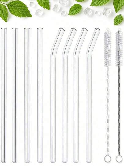 12 Packs Reusable Clear Glass Straws - Premium Borosilicate Drinking Straws With 2 Bonus Cleaning Brushes, Extra Long 8.5" Dishwasher Friendly Straw Set For Smoothies, Boba Tea, Iced Coffee, Cocktails & Sparkling Drinks - Shatter-Resistant Straws For Home, Cafes, Party Supplies & Wedding Decor