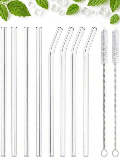 12 Packs Reusable Clear Glass Straws - Premium Borosilicate Drinking Straws With 2 Bonus Cleaning Brushes, Extra Long 8.5" Dishwasher Friendly Straw Set For Smoothies, Boba Tea, Iced Coffee, Cocktails & Sparkling Drinks - Shatter-Resistant Straws For Home, Cafes, Party Supplies & Wedding Decor