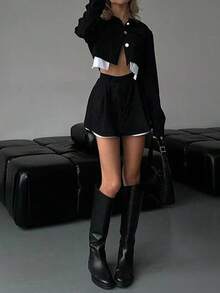 Women's High Waist Pleated Loose Casual Skorts, Color Blocking - Black and White - View 5