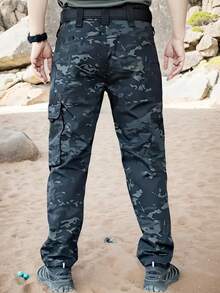 2Pcs Men's Solid & Camo Print Pockets Zipper Waterproof Tactical Cargo Pants Without Belt, Regular Fit Sporty Pockets Durability Trousers For Fall, Wear-Resistant Outdoor Training Pant For Men - Black+MICAI - 查看 6