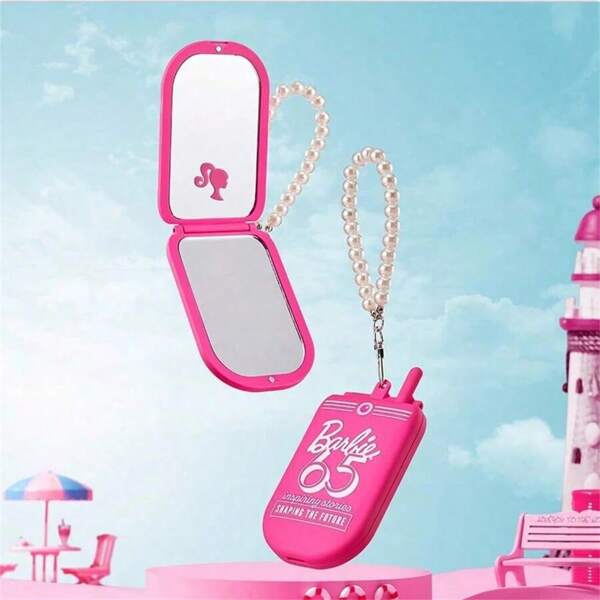Espejo plegable en forma de teléfono mini de la serie Barbie Sunlight - Espejo de vanidad estético y portátil para maquillaje con colgante de perlas