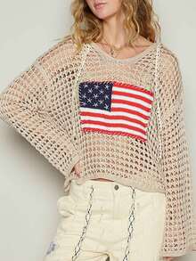 Women's American Flag Crochet Sweater Long Sleeve Hollow Out Lightweight Knit Hoodie 2025 Summer Beach Cover Up Tops - 米色 - 查看 1