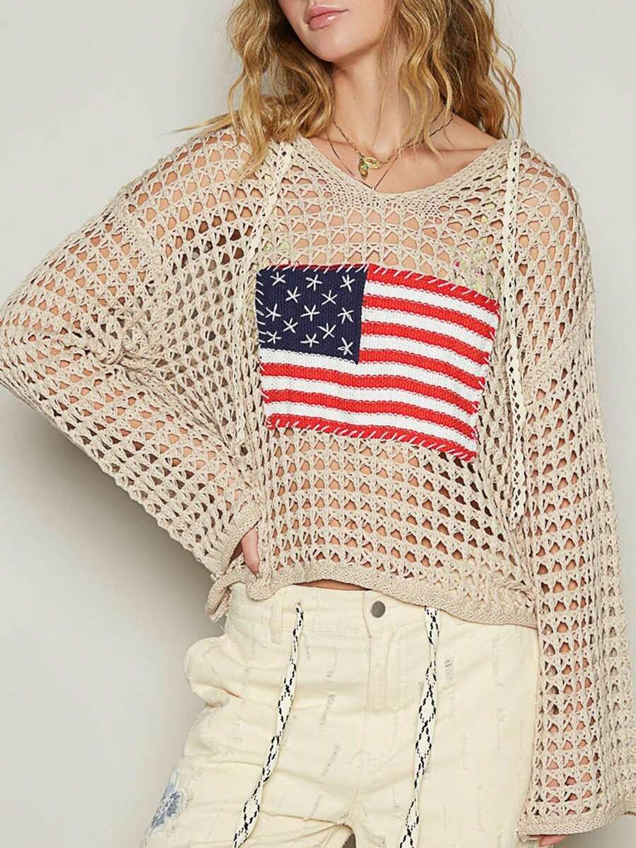 Women's American Flag Crochet Sweater Long Sleeve Hollow Out Lightweight Knit Hoodie 2025 Summer Beach Cover Up Tops - 米色 - 查看 1