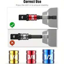 4pcs/Set, Heavy Duty Impact Electric Hand Tools, Driving Socket Adapter Extension Kit, 1/4", 3/8", 1/2" Hex Shank Drill Bit Nut Driver Set + 105-Degree Right Angle Driver, Extension Screwdriver Drill Bit Attachments - الأسود - مشاهدة 6