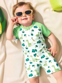 Young Boy Cute Dinosaur All-Over Print Zipper Hooded Rashguard And Shorts One-Piece Swimsuit - Multicolor - View 3