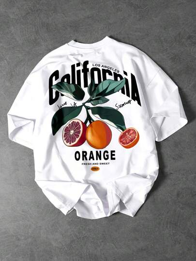 Shwiy Men's Summer Fruit Themed Regional Characteristic Short Sleeve T-Shirt, Minimalist Los Angeles Citrus Fruit Print, Lightweight, Suitable For Spring/Summer Casual Wear, Solid Color Streetwear