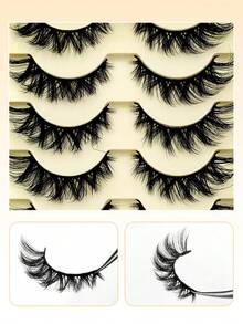 Asiteo 5 Pairs/Pack Natural Cat Eye Thick & Fluffy False Eyelashes, Dramatic Messy Faux Mink Lashes, Lengthening Eyelash Strips, Fox Eye Lifting Makeup Effect, Full Strip Lashes Can Extend And Thicken Outer Corner - 眼尾拉長款 - 查看 5