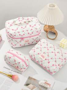 1PC Blue Striped Flower Makeup Bag, Quilted Portable Toilet Bag, Makeup Bag, Large Capacity Storage Bag, Suitable For Wallet, Lipstick, Sanitary Napkins, Pads, Coins, Keys, Earphones, Earphones And Accessories, Travel Storage Bag, Earrings, Bracelets, Necklace, Glasses, Sunglasses, Suitable For Women, Girls, Teenagers, Candy, Nurses, Female Students, Students, Gifts. Cosmetic Bag
