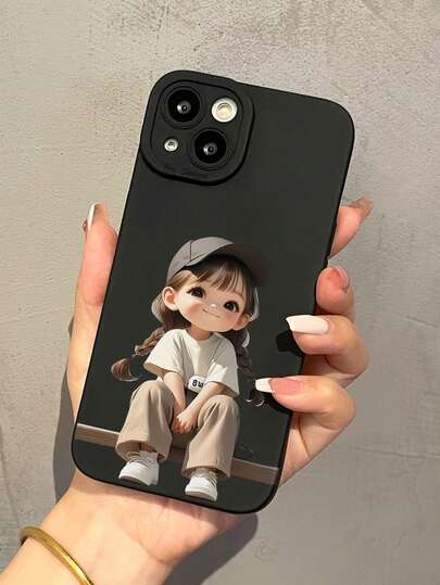 动漫 1 件黑色双马尾女孩可爱简约图案全覆盖 TPU 防震手机壳兼容 Apple 16 15 14 13 12 11 Pro Max，适用于系列防水防摔防刮