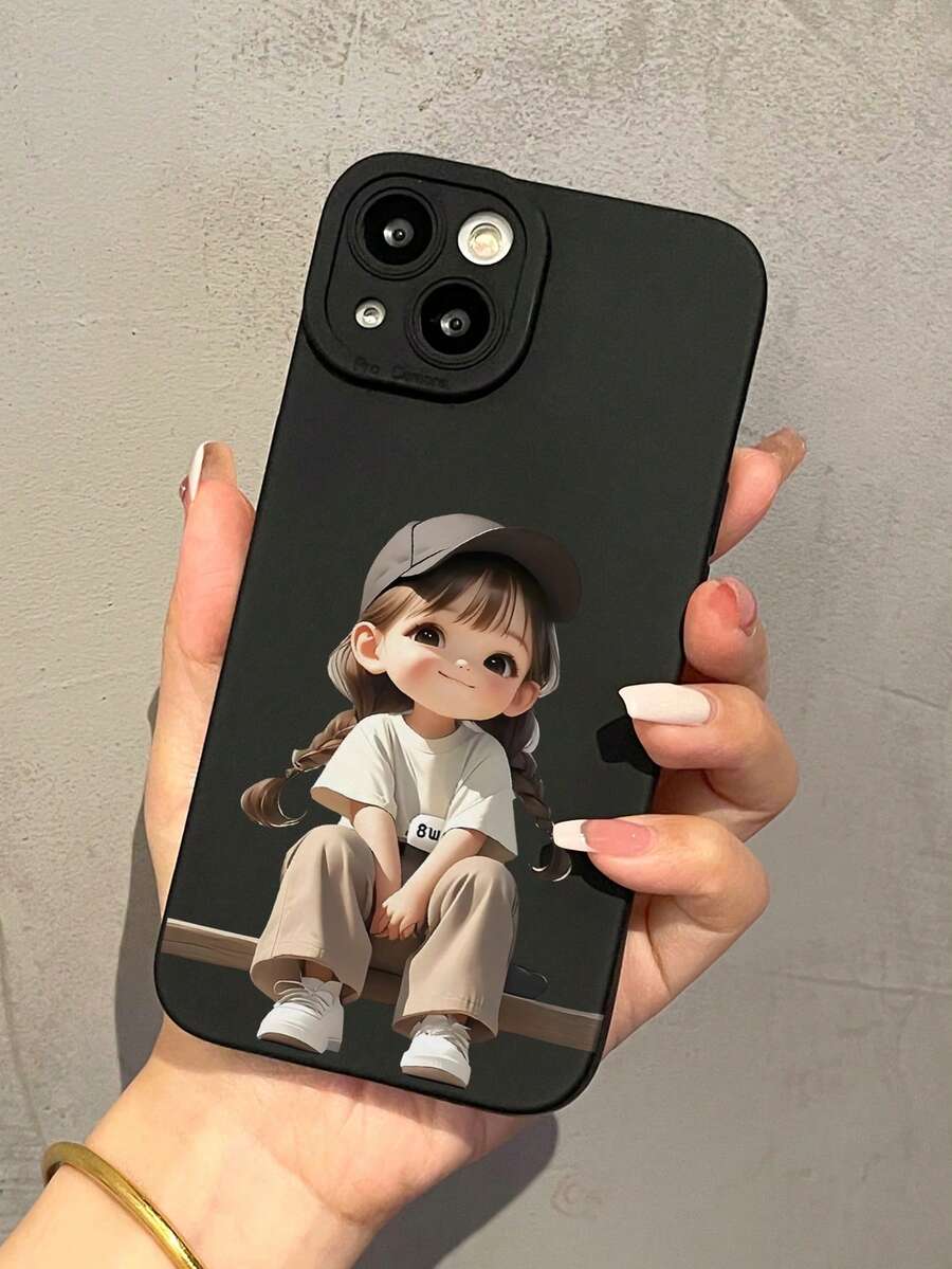 动漫 1 件黑色双马尾女孩可爱简约图案全覆盖 TPU 防震手机壳兼容 Apple 16 15 14 13 12 11 Pro Max，适用于系列防水防摔防刮 - 彩色 - 查看 1