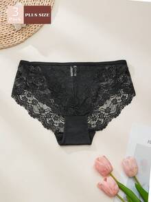 3件大码对比色蕾丝透视性感丁字裤 - 黑色 - 查看 3