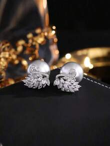 925 Sterling Silver Plated Swan Full Crystal Zirconia Pearl Stud Earrings, Luxury High-End Fashionable Earrings, Fine Silver Earrings, Fine Silver Studs, Panda Earrings, Women Earrings, Fashion Earrings, Elegant Studs, Party Accessories, Valentine's Day Gift, Eid Decorations, Everyday Wear, Romantic Date, Birthday Present - Light Grey - View 2