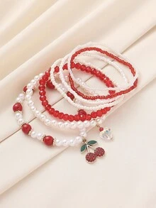 7件套波西米亚风可爱串珠仿珍珠樱桃草莓吊坠叠戴手链，适合女性海滩度假休闲日常佩戴 - 紅白色 - 查看 5