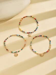 Bộ lắc chân hạt thủy tinh thanh lịch 3 món có mặt dây chuyền hình sao biển và vỏ sò, lắc chân co giãn nhiều lớp đính hạt, phụ kiện phong cách kỳ nghỉ bãi biển mùa hè phù hợp cho mọi mùa (Màu sắc và số lượng ngẫu nhiên) - Nhiều màu - Xem 3