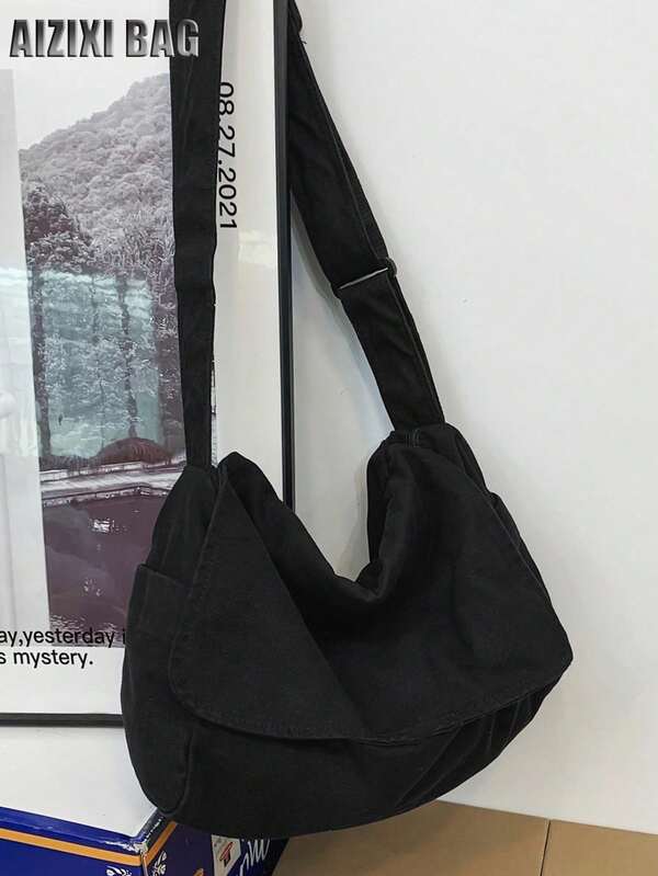 Large Capacity Washed Canvas Messenger Bag, Simple Casual Sports Shoulder Bag, Crossbody Bag For Men, Artistic Leisurely Style