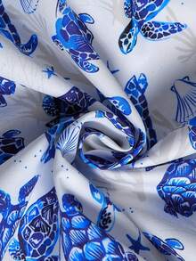 Tween Boy Tropical Beach Holiday , Casual Short Sleeve Blue Turtle & Starfish Print Shirt, Suitable For Outdoor Leisure And Vacation Wear , Travel Essential - Blue - View 9