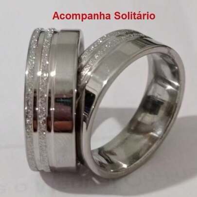 Par de Aliança Namoro 2 Frisos Brilhantes 8mm + Solitário + Caixinha Vermelha