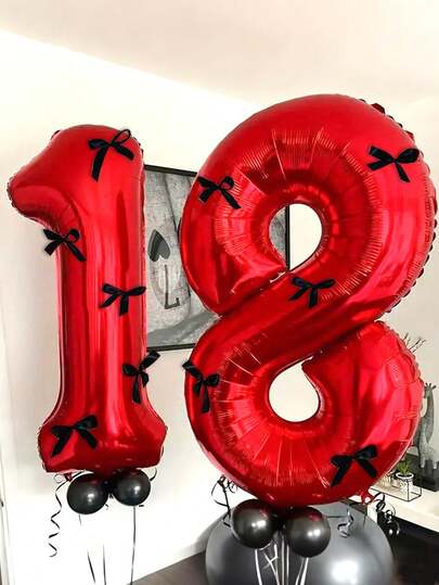 7pcs/Set 40inch Red Number Balloons, Black Bow Number 0-9 Shaped Balloons For Birthday Party, Anniversary Decoration
