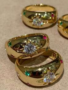 1 件巴洛克风格奢华锆石星形圆顶戒指，适合女士 - 金色 - 查看 3