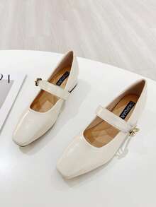法式时尚通勤低帮鞋女韩版仙女风粗跟玛丽珍鞋系带扣小皮鞋大码41-43 - 白色 - 查看 3