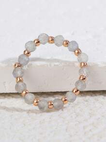 1pc European Style Jewelry, Natural Beryl Carved Beaded Elastic Ring For Women