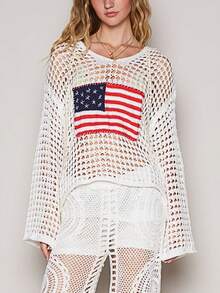 Women's American Flag Crochet Sweater Long Sleeve Hollow Out Lightweight Knit Hoodie 2025 Summer Beach Cover Up Tops - 白色 - 查看 2