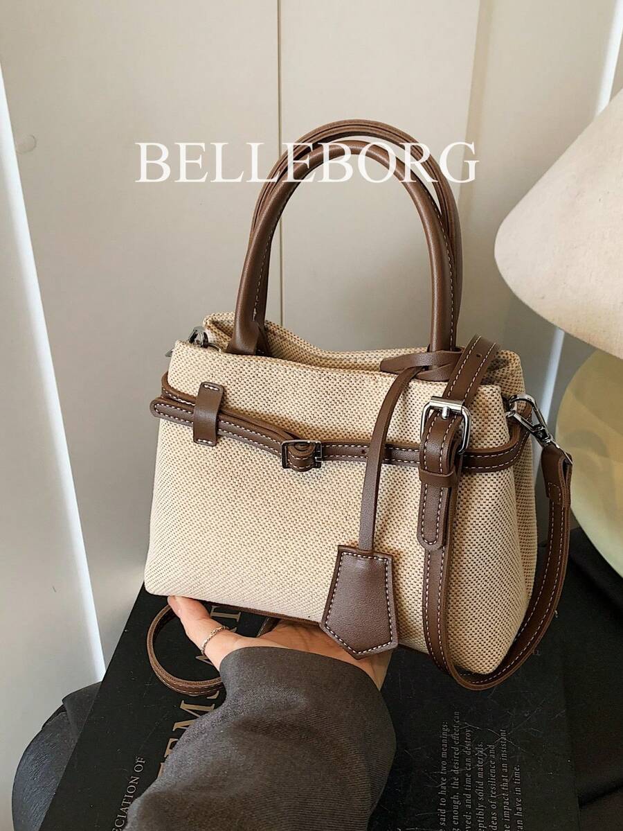 BELLEBORG 高品质休闲拼色复古帆布皮革扣托特包手提包，适合通勤女性 - 咖啡 - 查看 1