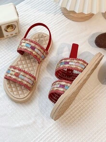 1双适合3-12岁女孩的串珠凉鞋 | 闪亮的彩色设计和红色绑带 | 柔软舒适的夏季儿童鞋，时尚活泼的休闲鞋 | 户外海滩度假派对