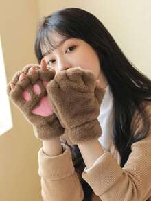 1 Pair Cute Cat Paw Fingerless Gloves, Plush Half-Finger Gloves, Warm & Cold-Resistant, Suitable For Girls Daily Use In Winter (With Rope) - Multicolor - View 2