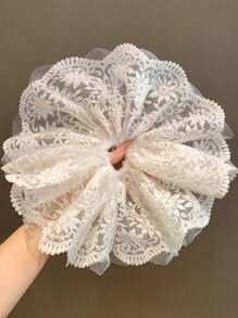 1pc Cute Lace Flower Decor Scrunchie, Premium Floral Print Double-Layer Hair Tie Ponytail Holder