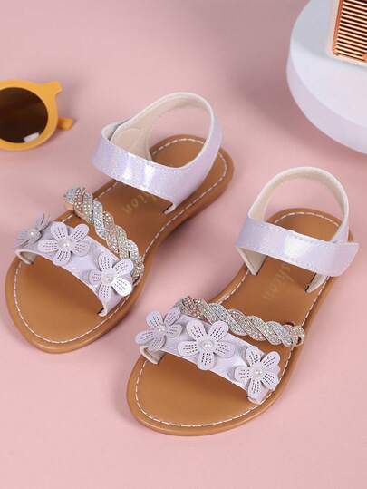 Girls Summer Sandals, Elegant Floral, Fashion Flat Children Princess Shoes, Casual Beach Slippers, Suitable For Daily Outing