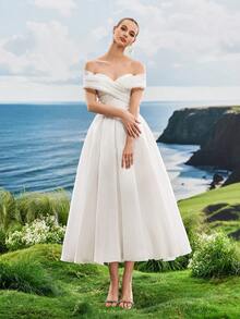 Elasola 亮面缎面露肩优雅晚礼服 白色A字仙女风新娘送礼会礼服 婚礼季 优雅