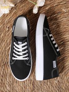 Women's Plus Size Black Sneakers, Fashionable White Shoes, Flat Platform Shoes, Student School Shoes, Versatile Lace-Up Casual Athletic Shoes (Shoes Run Small, Suggest Ordering One Size Up) - Black - View 7
